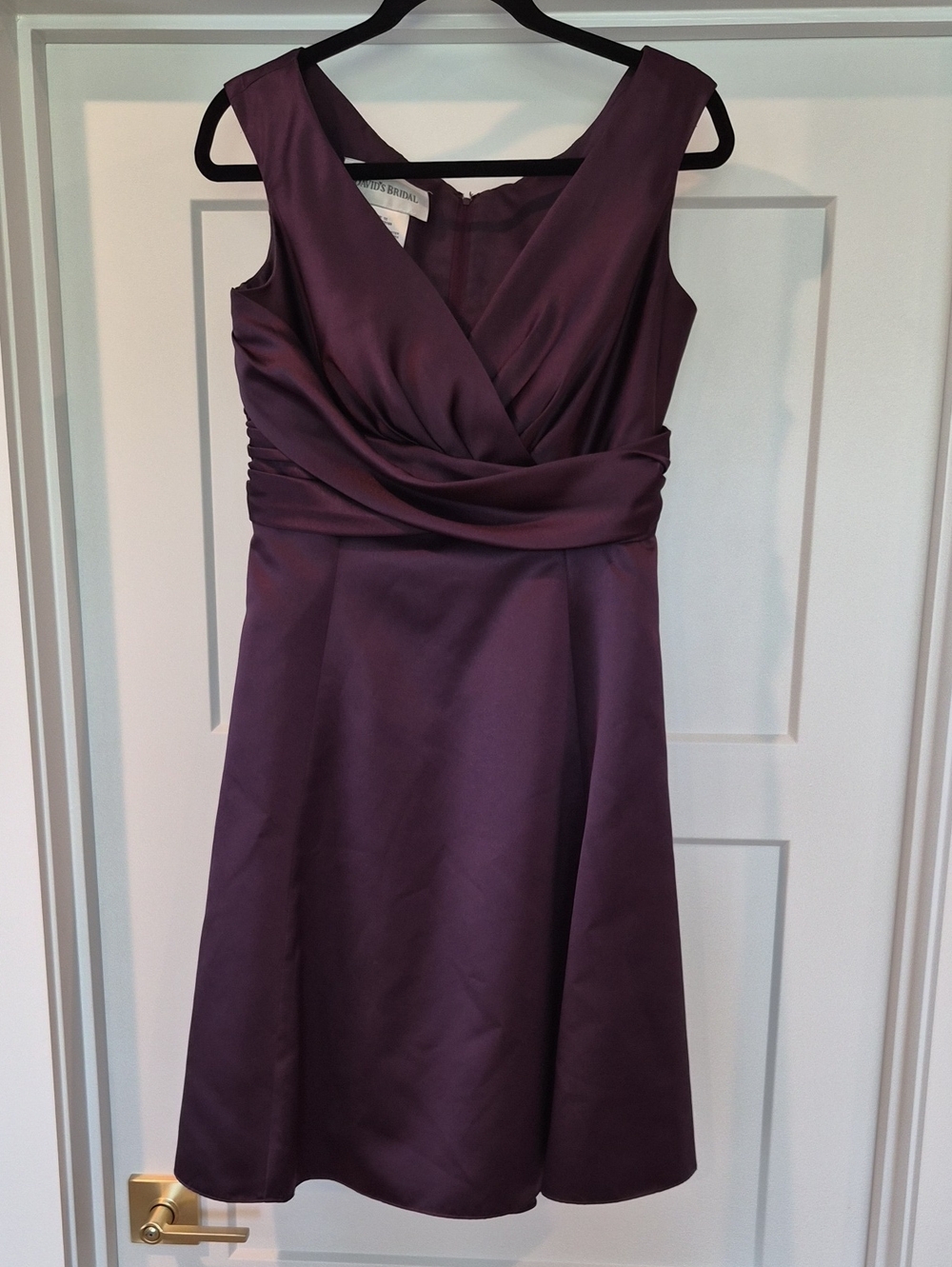 David's Bridal Plum Satin Sleeveless V-Neck Midi Dress